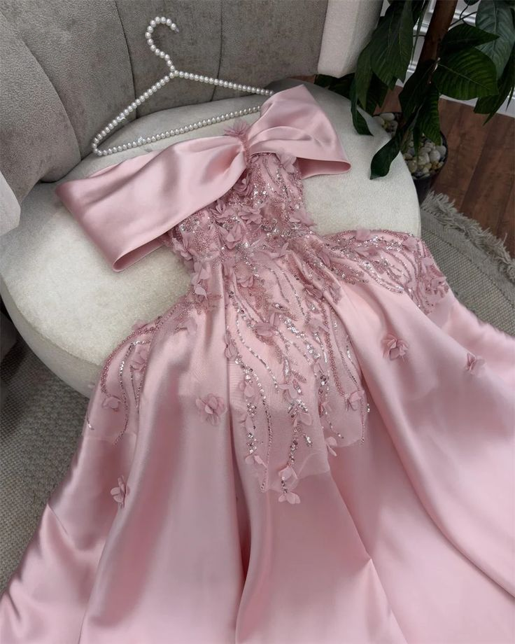Classy Pink off The Shoulder Appliques Sequins Evening Dress Long A Line Prom Dress Y7638 - VelvetHem