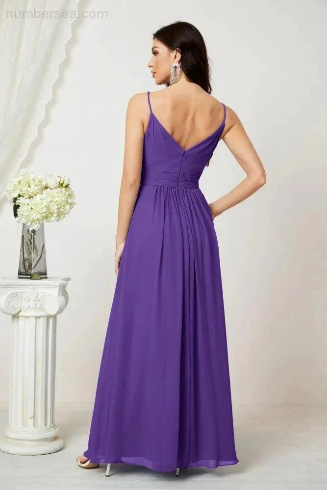 ZapDress Chiffon V-Neck Bridesmaid Dress Spaghetti Strap Long Formal Party Prom Gowns with Slit 28010 (ZD17028)