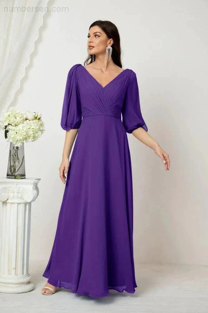 ZapDress Formal Prom Gown Women V-Neck Chiffon Bridesmaid Dresses Long Bishop Sleeve Party Dress 2807 (ZD17027)