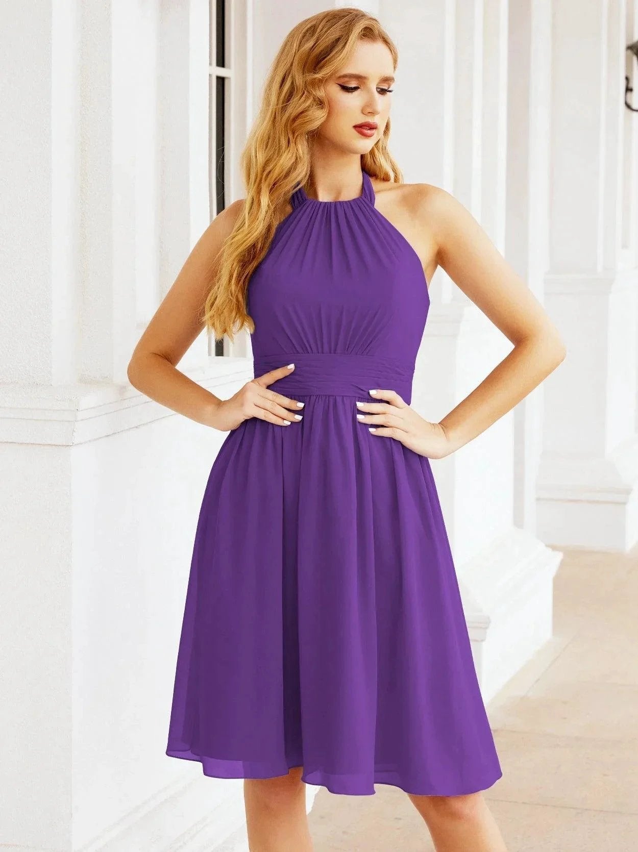 ZapDress Halter Chiffon Bridesmaid Dresses Short Sleeveless Formal Party Dress Open Back 28023 (ZD16957)