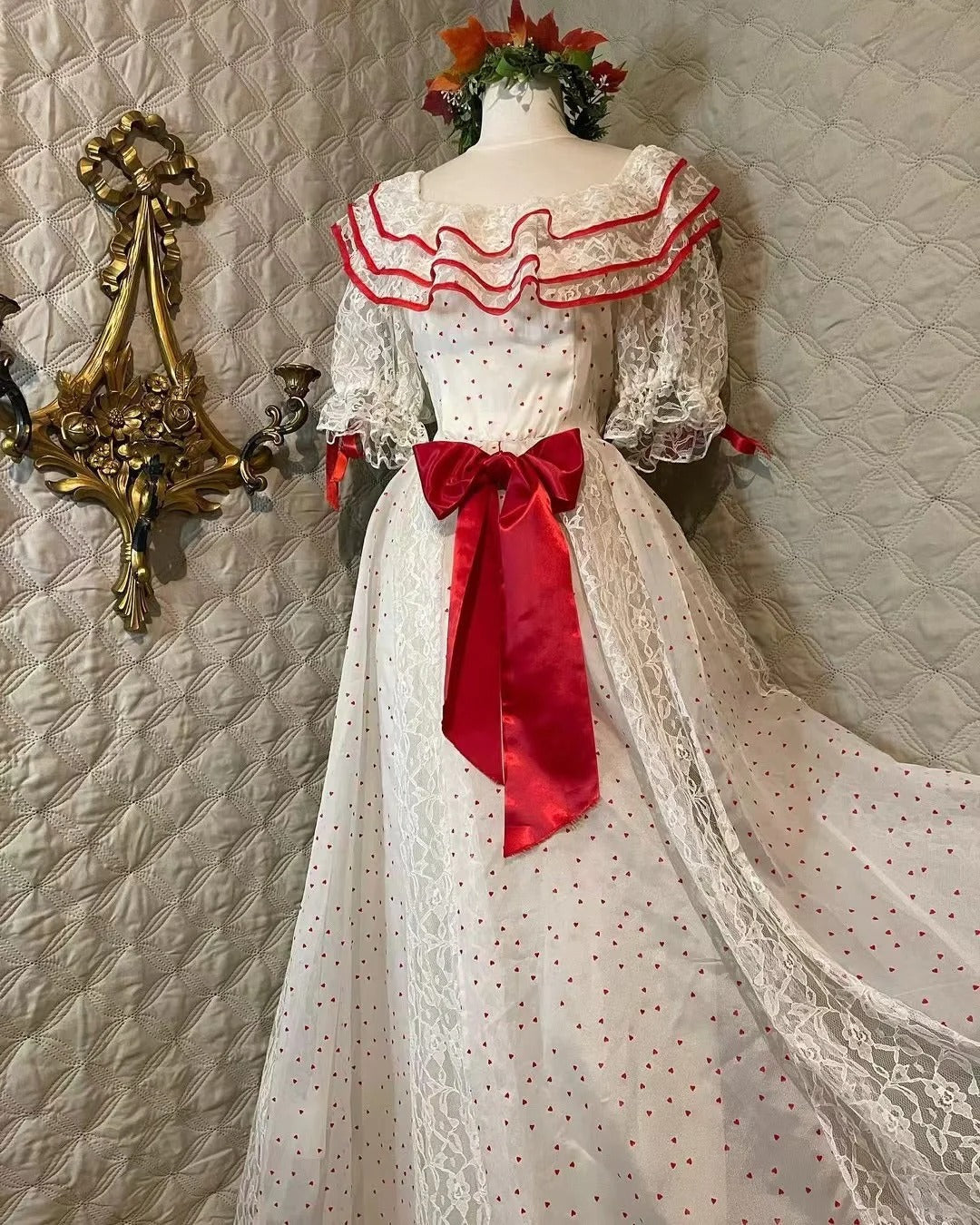 Retro White And Red Color-Blocked Ruffled Collar Polka Dot Bow Lace A-line Long Prom Dress Evening Dress - VelvetHem