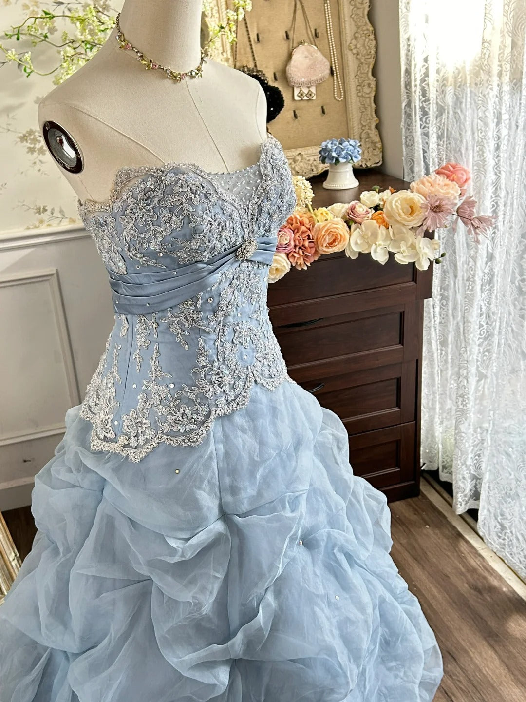 Vintage Princess Light Hazy Blue Strapless Lace Embroidered Tulle Ball Gown Evening Dress - View 3 | VelvetHem
