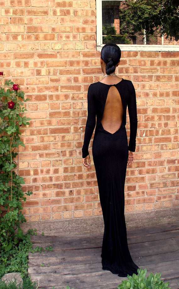 Black Backless Full Length Gown, Black Prom Dress, Black Formal Dress, Long Sleeves Prom Gown, Black Evening Dress - VelvetHem