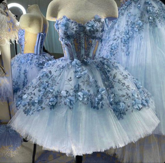 Blue Tulle Short Homecoming Dress With 3D Flowers - VelvetHem
