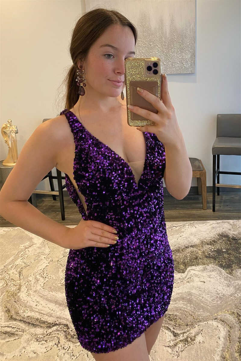 Purple Sequins Plunge Mini Homecoming Dress Open Back Homecoming Dress - VelvetHem