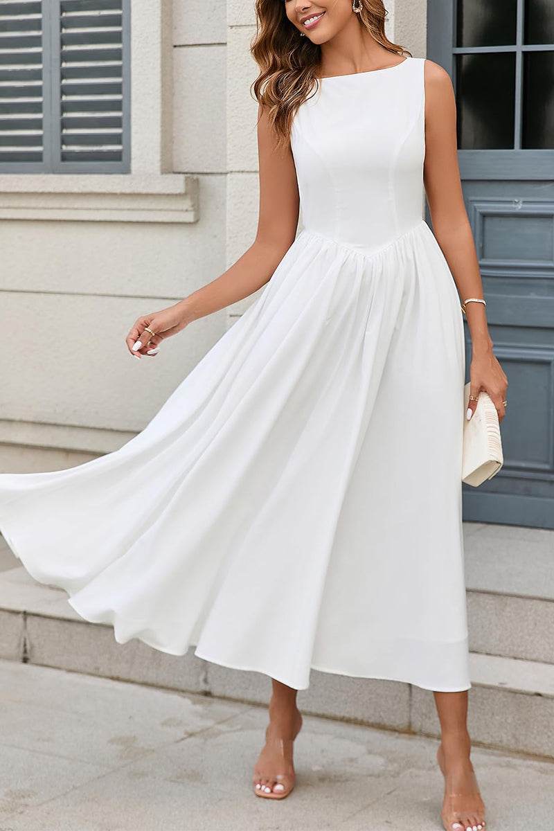 Elegant Cutout Back White Maxi Dress | Sleeveless Pleated Wedding Guest Gown