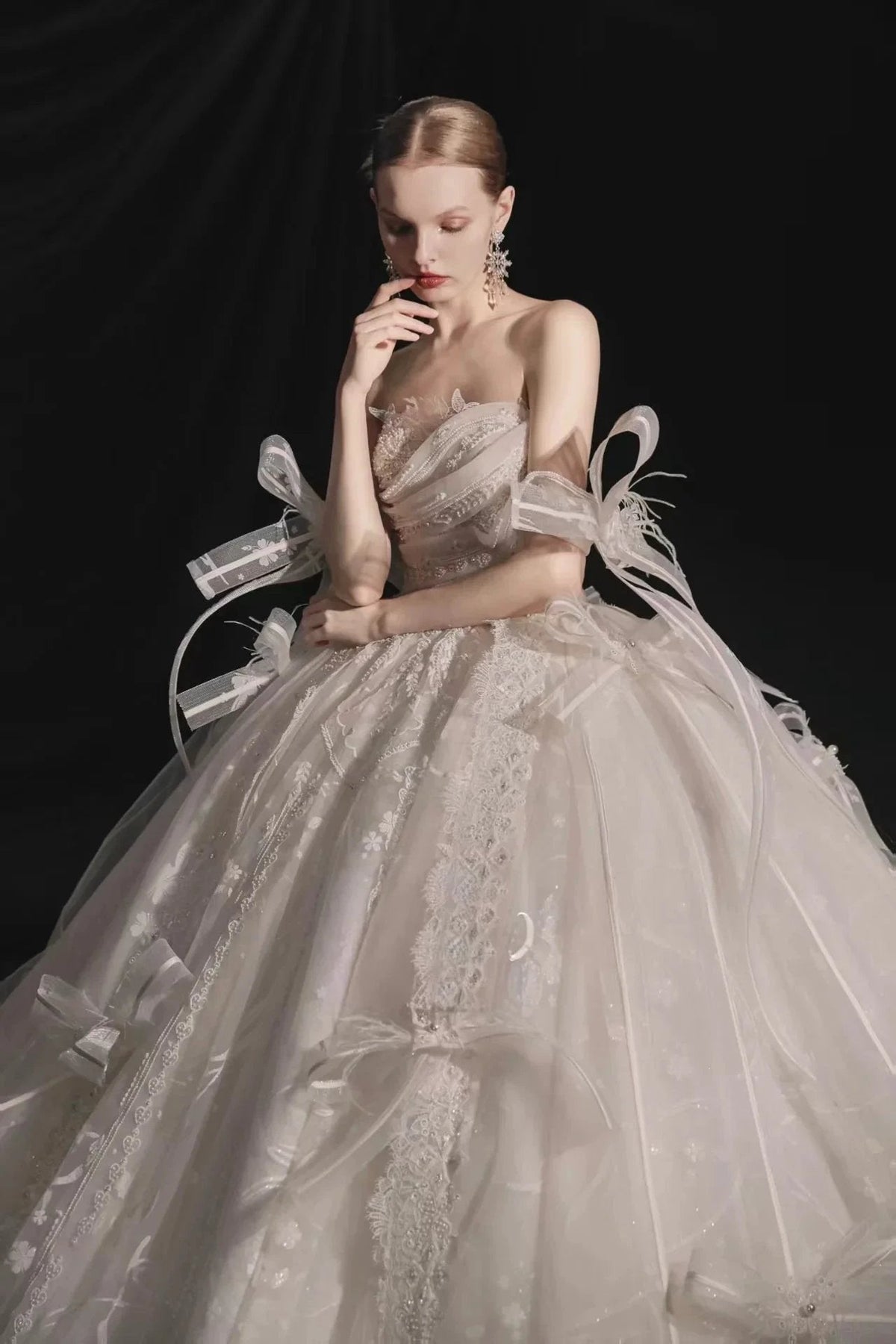 Romantic Strapless Ball Gown Tulle Ribbon Embellished Lace Wedding Dress with Voluminous Skirt (ZD16901) - VelvetHem