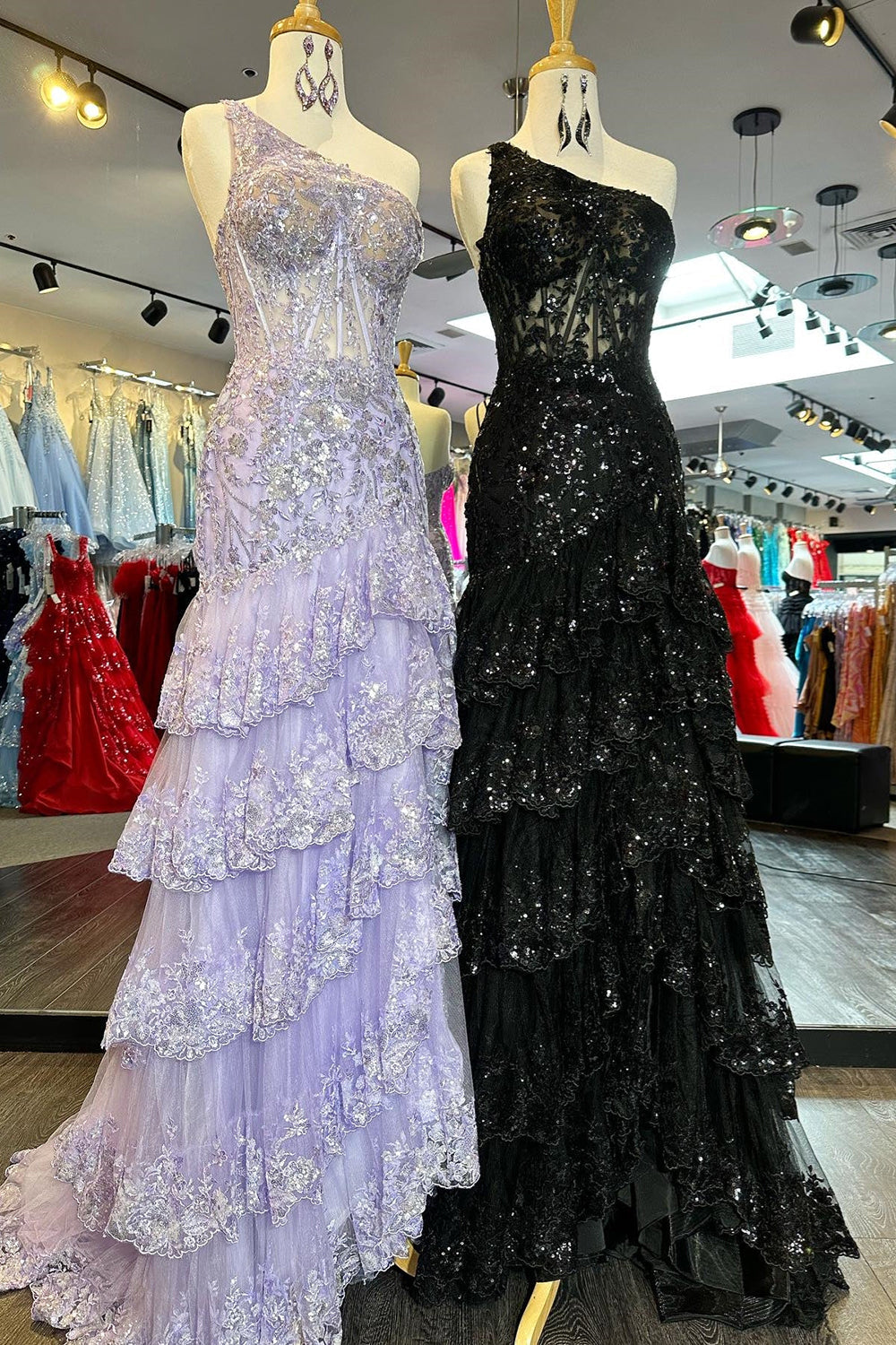 Sparkly Navy One Shoulder A-Line Sweep Train Tiered Prom Dress with Split - View 6 | VelvetHem
