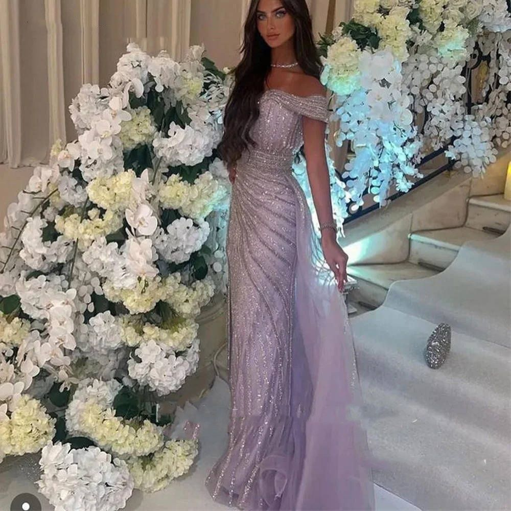 Shiny Beaded Purple Evening Dresses Luxury Weddings Dresses Prom Party Dress