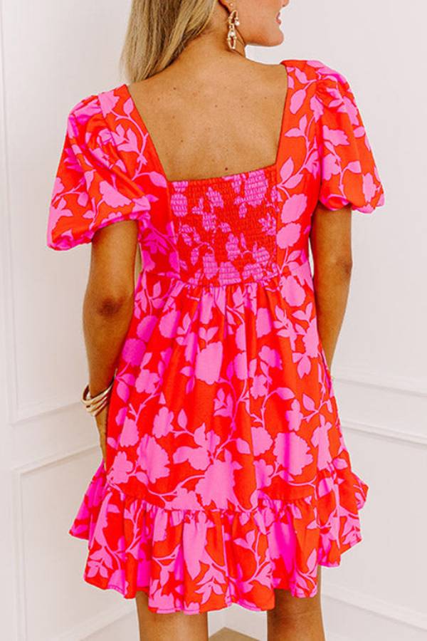 Elena Minimalist Red Floral Ruffle Mini Dress with Bubble Sleeves and Sweetheart Neckline Designer Edit