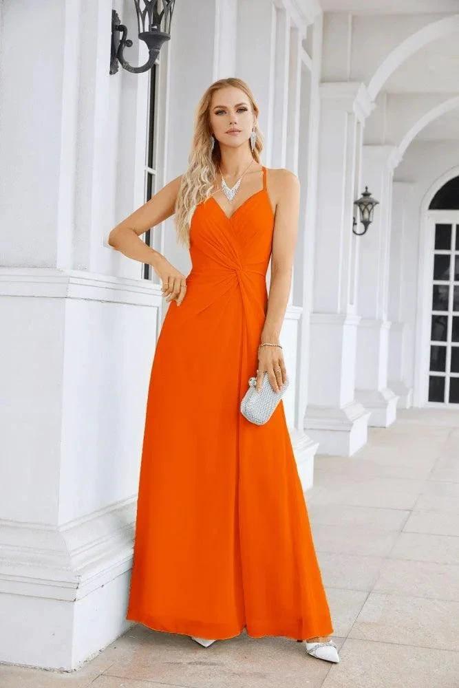 Ladies Chiffon Spaghetti Strap V Neck Front Slit Floor Length Bridesmaid Evening Dress Prom Party Wedding Evening Dress 28116 by numbersea