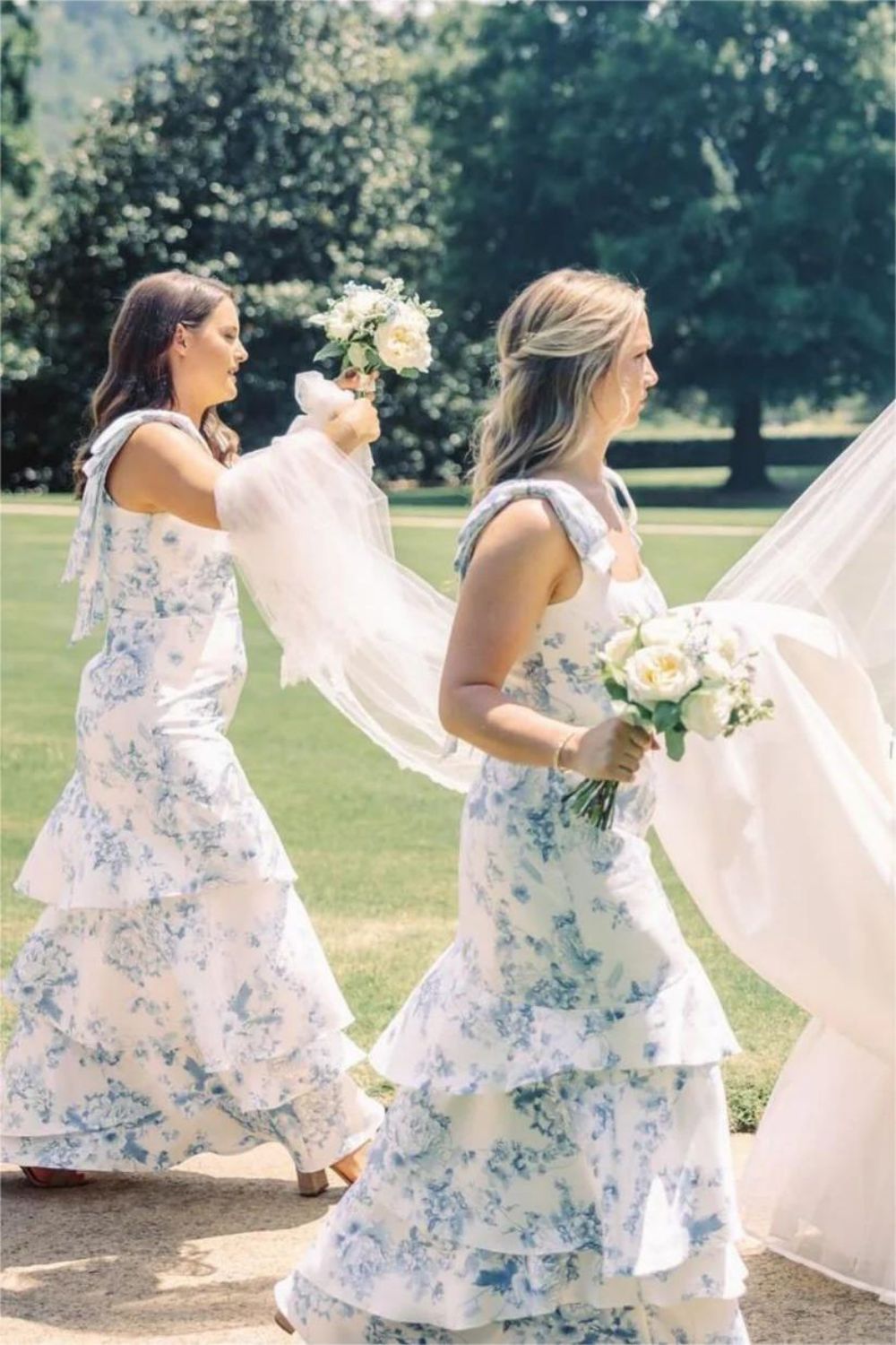 Gorgeous Sheath Square Neck Blue Floral Printed Long Bridesmaid Dress with Ruffles - View 2 | VelvetHem
