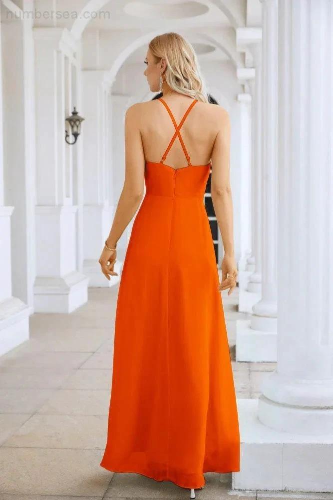 Ladies Chiffon Spaghetti Strap V Neck Front Slit Floor Length Bridesmaid Evening Dress Prom Party Wedding Evening Dress 28116 (ZD17012)