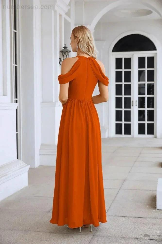 Ladies Chiffon Off Shoulder Swing Sleeve Front Slit Bridesmaid Evening Dress Wedding Party Evening Dress 28117 (ZD17011)