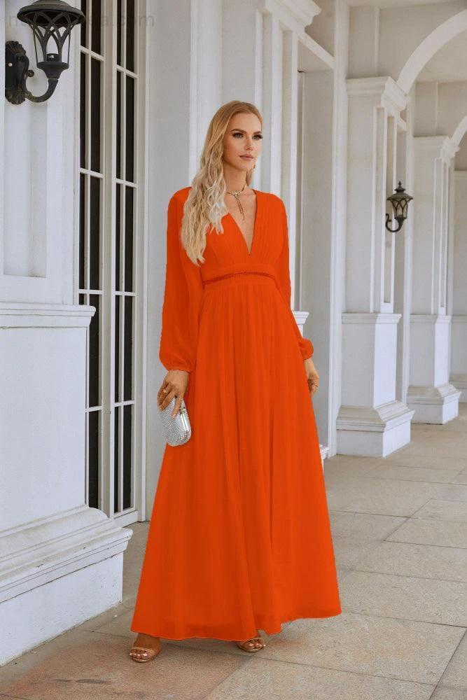 Ladies V Neck Chiffon Long Sleeve Front Slit Bridesmaid Evening Dress Wedding Party Shopping Evening Dress 28109 (ZD16991)