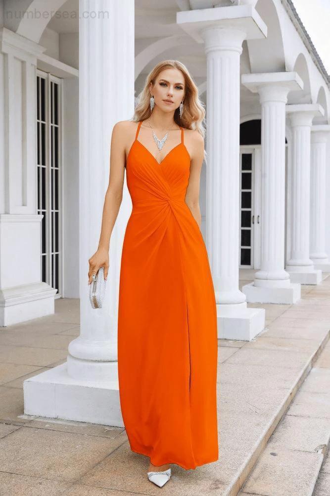 Ladies Chiffon Spaghetti Strap V Neck Front Slit Floor Length Bridesmaid Evening Dress Prom Party Wedding Evening Dress 28116 (ZD17012)