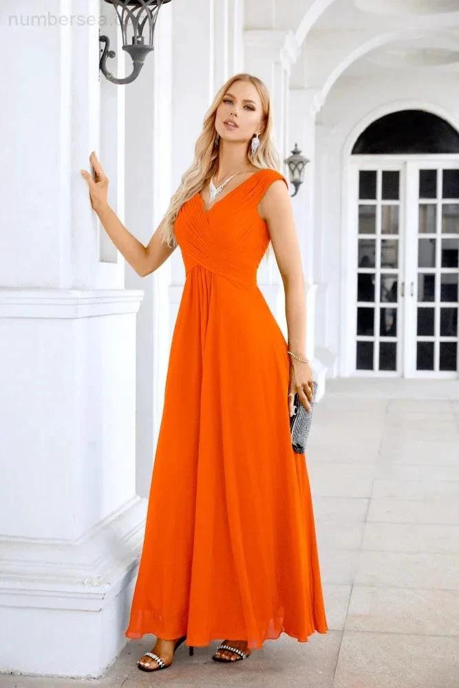 Ladies Chiffon V Neck Sleeveless Floor Length Bridesmaid Evening Dress Wedding Party Evening Dress 28126 (ZD16989)