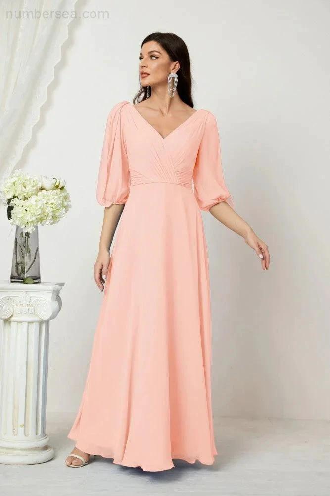 ZapDress Formal Prom Gown Women V-Neck Chiffon Bridesmaid Dresses Long Bishop Sleeve Party Dress 2807 (ZD17027)