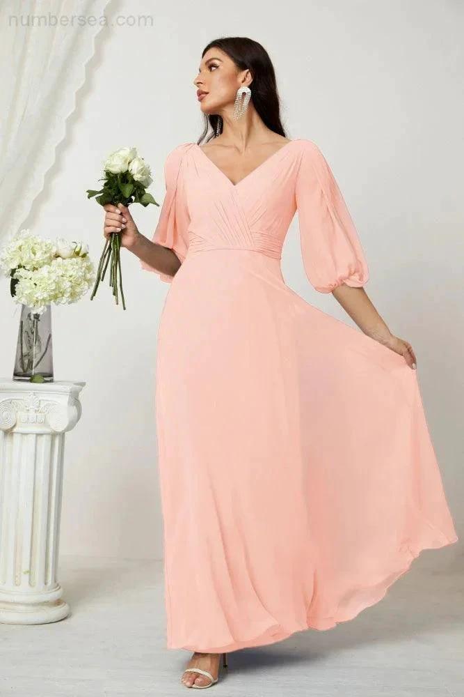 ZapDress Formal Prom Gown Women V-Neck Chiffon Bridesmaid Dresses Long Bishop Sleeve Party Dress 2807 (ZD17027)
