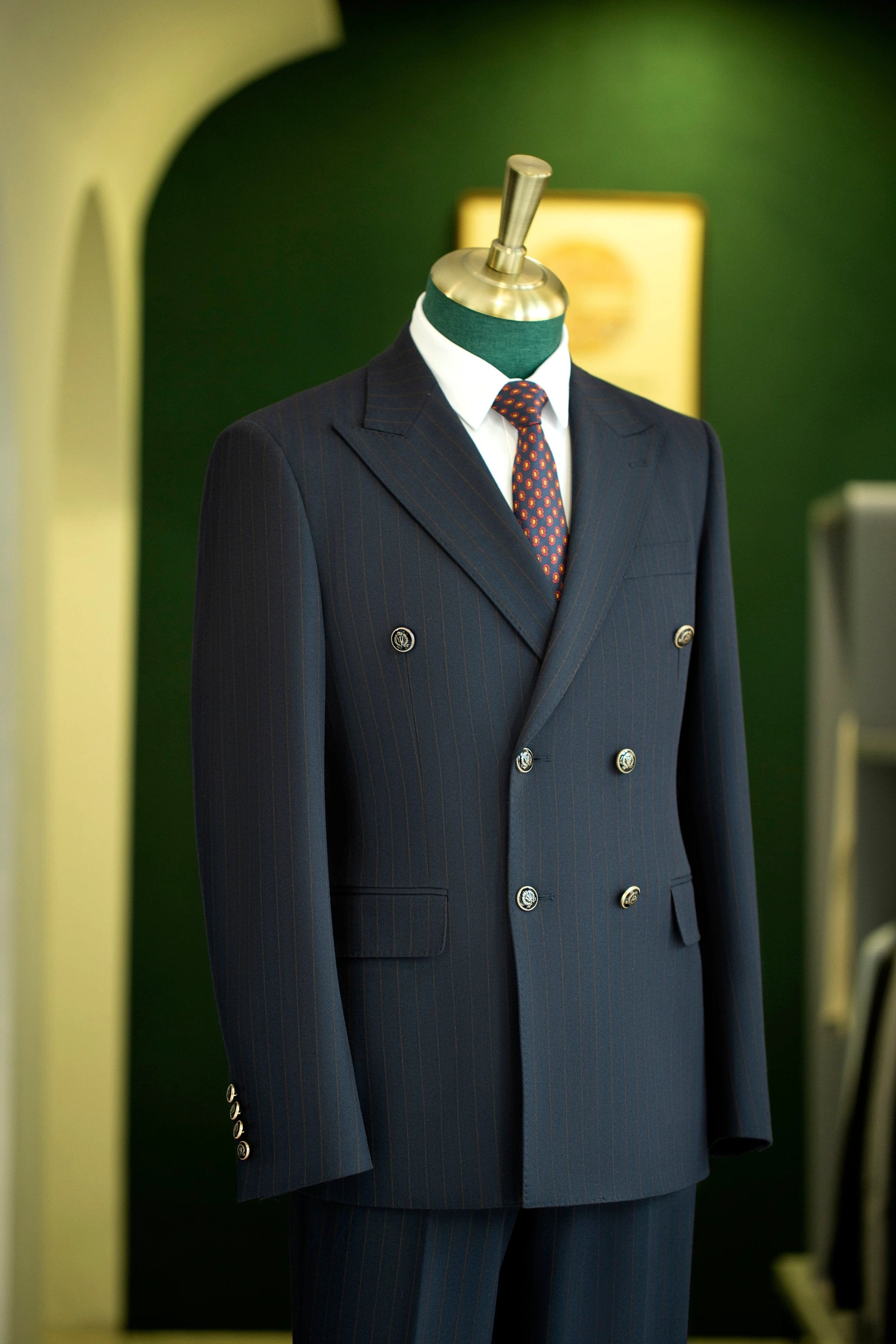 Navy Pinstripe Double Breasted Wool Suit For Groom And Business (ZD17092)