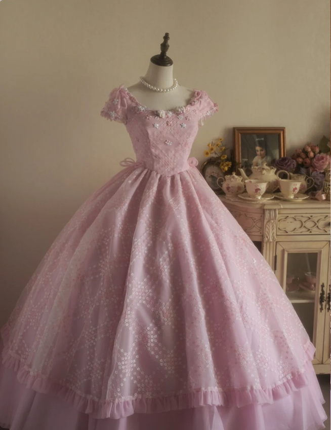 Sweet Court Light Pink Embroidered Floral Tulle Ball Gown Evening Dress Sweet 16 Dress - VelvetHem