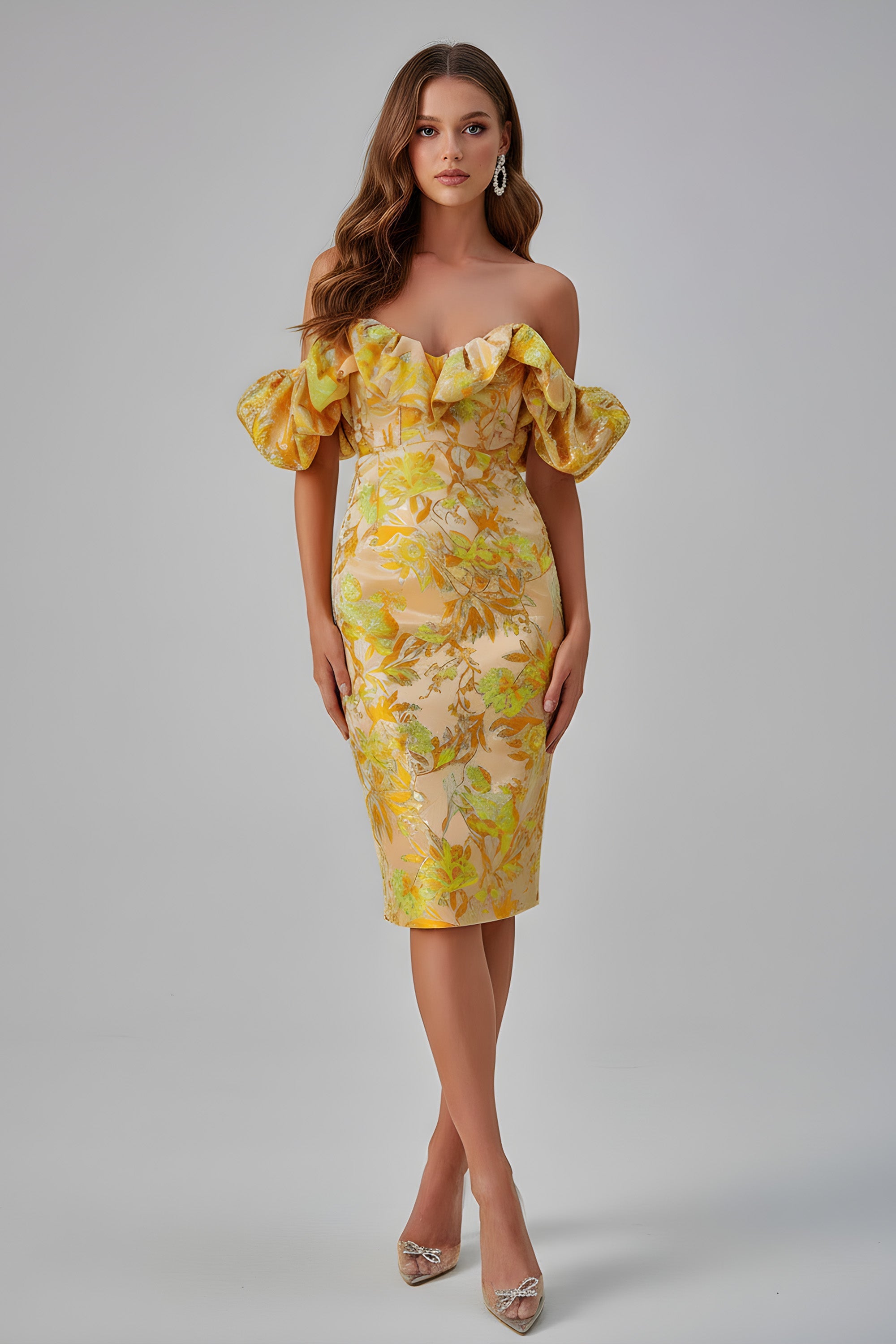 Off-Shoulder Floral Jacquard Midi Dress with Puff Sleeves