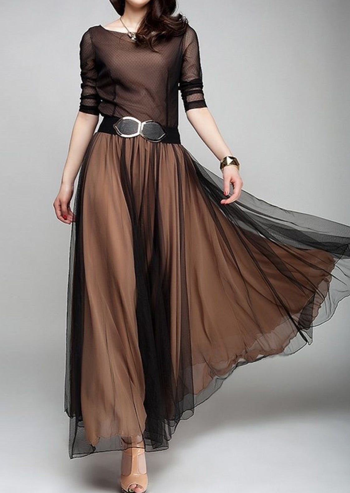Elegant Plain Boat Neck Flowy Hem Maxi Dress - Omychic