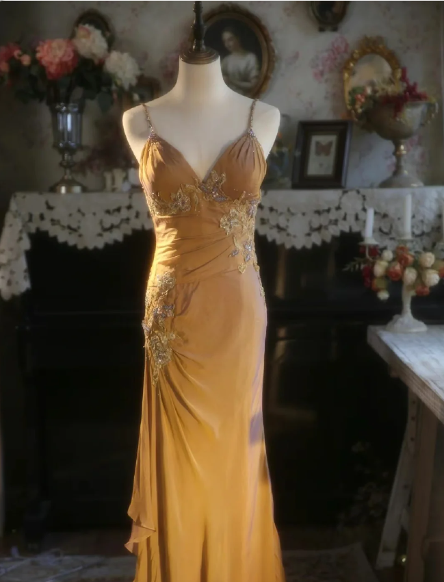 Elegant Ginger Yellow Mermaid V-neck Beaded Embroidered Satin Prom Dress Evening Dress - VelvetHem