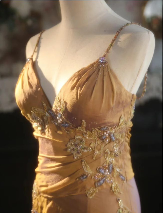 Elegant Ginger Yellow Mermaid V-neck Beaded Embroidered Satin Prom Dress Evening Dress