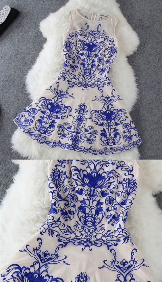 A-Line Dresses,Printed Royal Blue Dresses,Short Homecoming Cocktail Dresses,Homecoming Dresses - VelvetHem