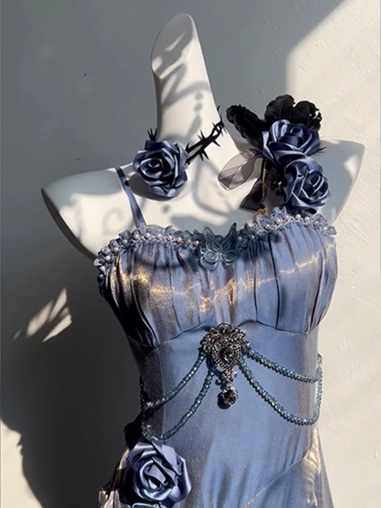 Chic Sheath Spaghetti Straps Floral Blue Long Party Dresses Birthday Outfits With Sleeves - View 2 | VelvetHem