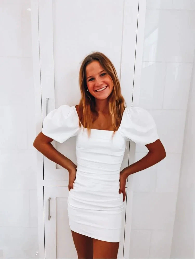 White Homecoming Dress with Puff Sleeves White Party Dress (ZD12760)