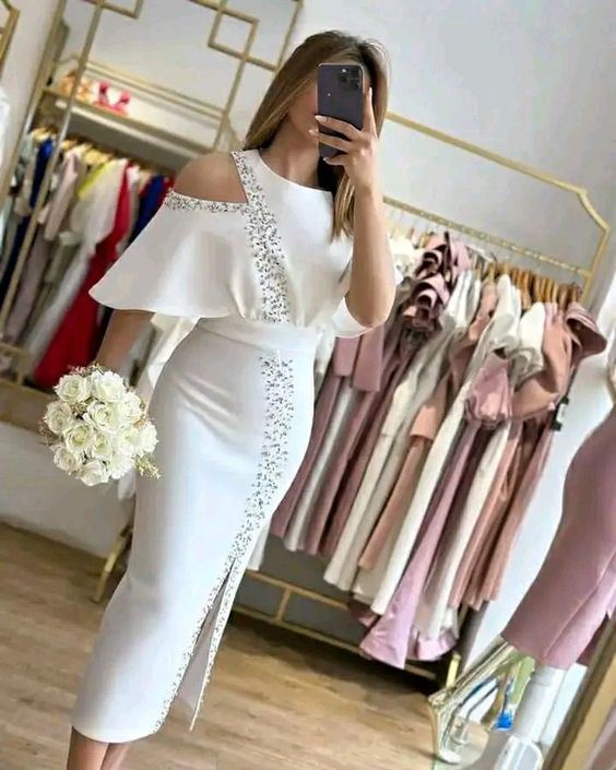 Chic White Sheath Midi-length Party Dress,White Cocktail Dress - VelvetHem