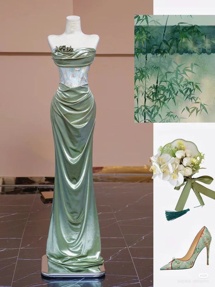 Elegant Light Green Satin Long Prom Dress Strapless Party Evening Dress - VelvetHem