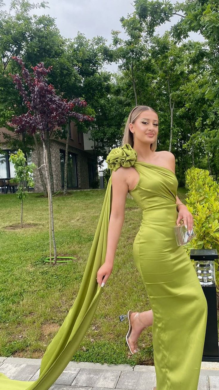 Chic Olive Green Satin Flowers Party Dress Sheath Long Prom Evening Gown - VelvetHem