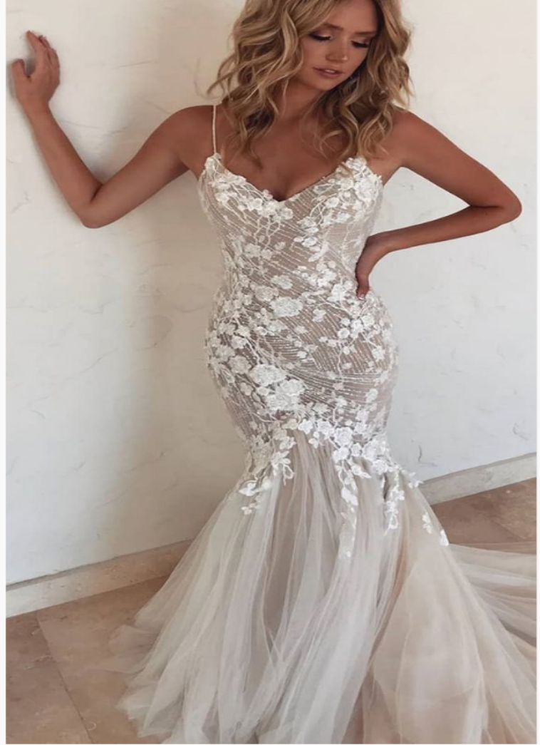 Spaghetti Straps Mermaid Wedding Dress With Train , Lace Tulle Prom Dress - VelvetHem