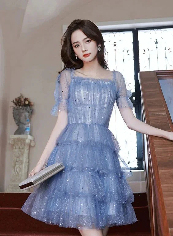 Blue Short Layers Tulle Formal Dress Blue Off Shoulder Homecoming Dress Party Dress (ZD12301) - VelvetHem