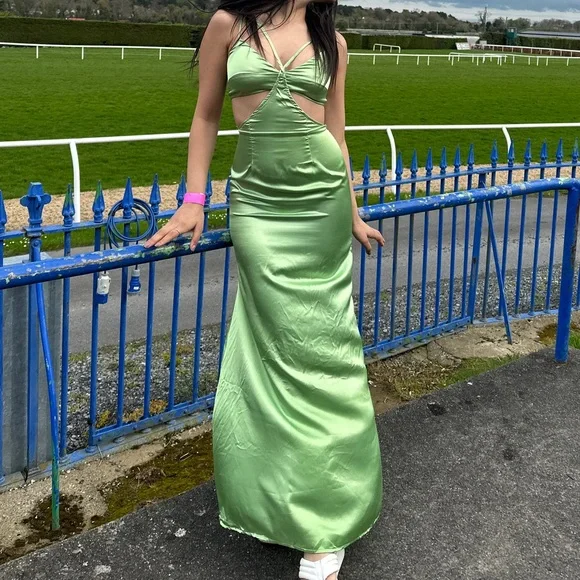 Simple Green Satin Long Party Dress Evening Dress