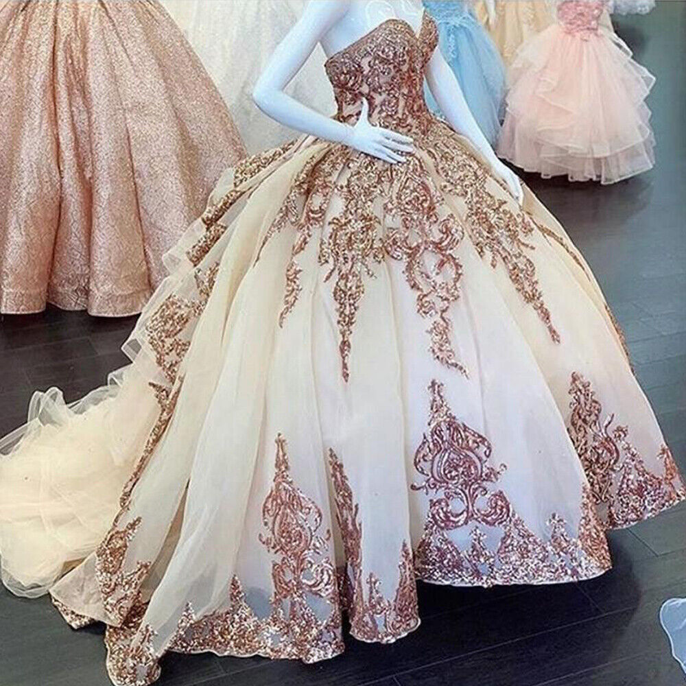 Rose Gold Sweet 16 Quinceanera Dresses Sequins Appliques Sweetheart Ball Gowns Y401 - VelvetHem