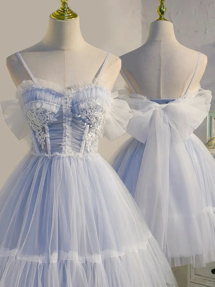 Simple Blue Spaghetti Straps Tulle Appliques Short Birthday Dress A Line 8th Grade Homecoming Dress - VelvetHem