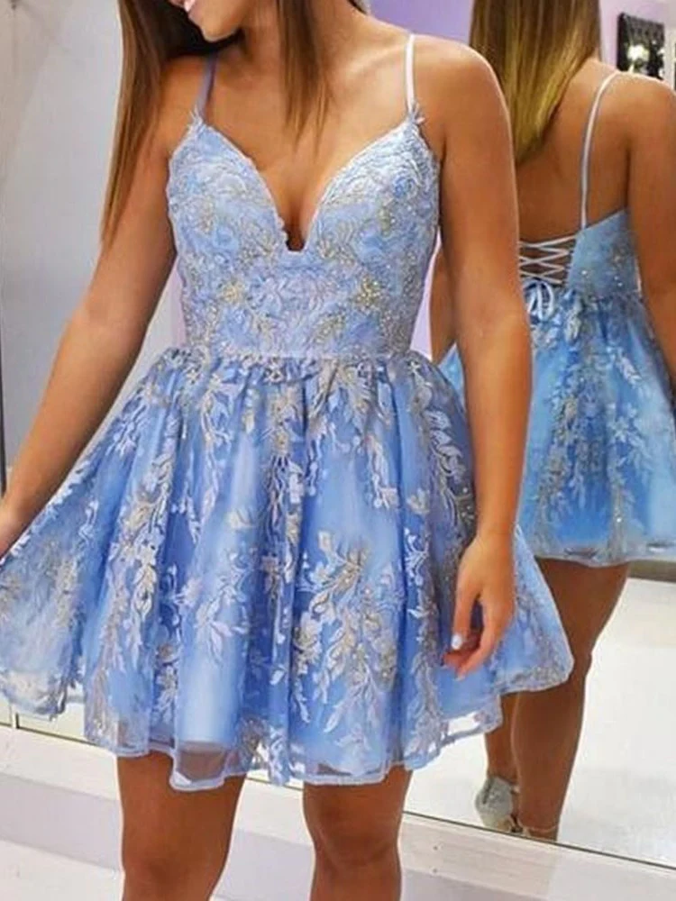 A-Line Spaghetti Straps Short/Mini Sleeveless Sweet 16 Dress Homecoming Dress - VelvetHem