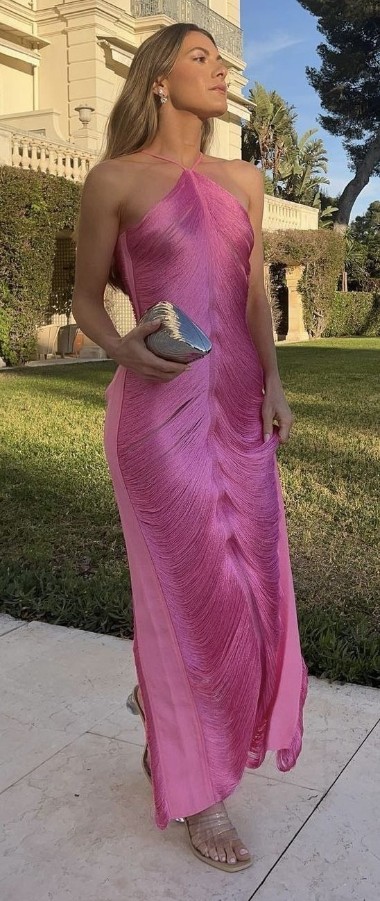 Classy Hot Pink Halter Satin Backless Prom Evening Dress,Slit Party Gown - VelvetHem