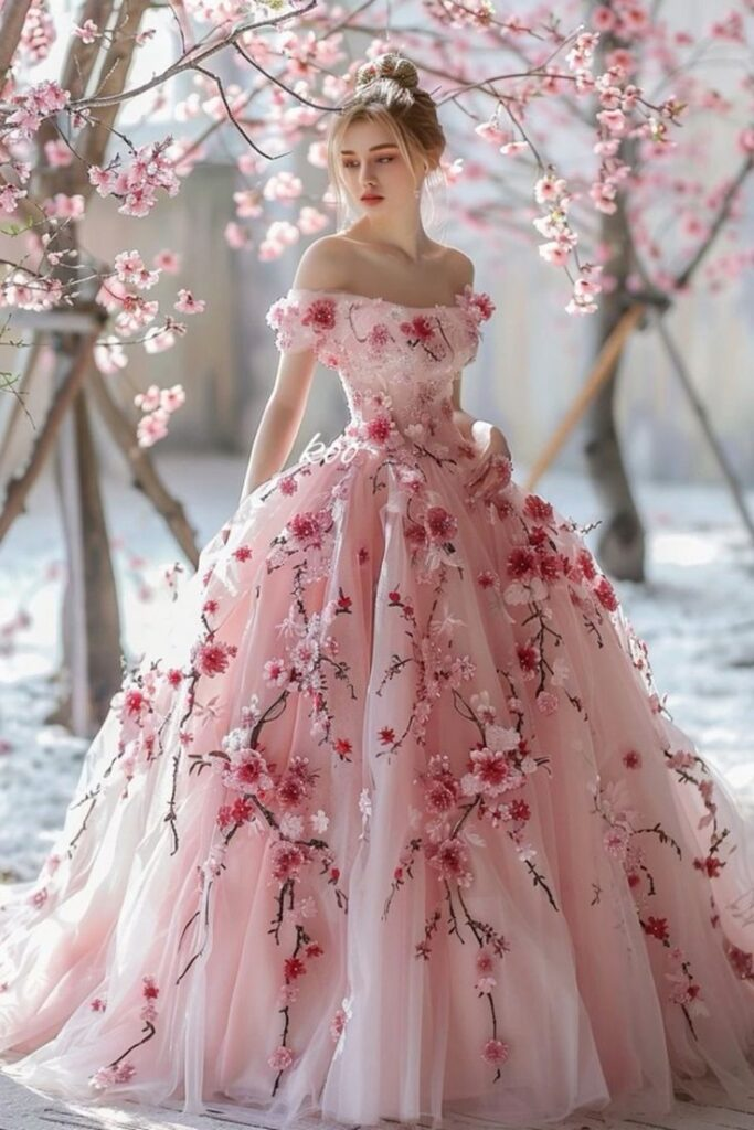 Pretty Pink Off The Shoulder Tulle Appliques Ball Gown,Formal Prom Dress - VelvetHem