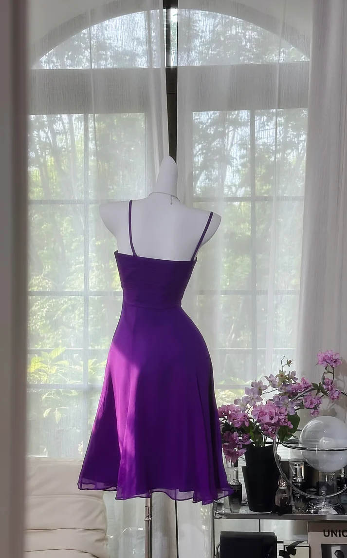 Beautiful Purple Spaghetti Straps Chiffon A Line Homecoming Dress Short Prom Dress