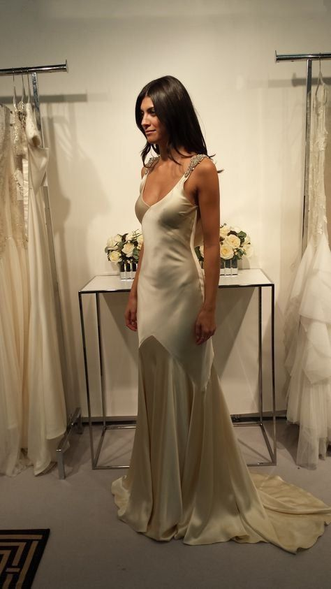 Classy Satin Mermaid Wedding Evening Dress,Formal Prom Dress With Beaded