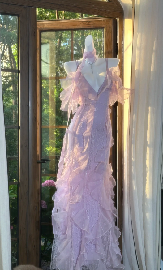 Classy Pink Spaghetti Straps V Neck Lace Chiffon Ruffle Mermaid Evening Dress Long Party Dress with Ribbon