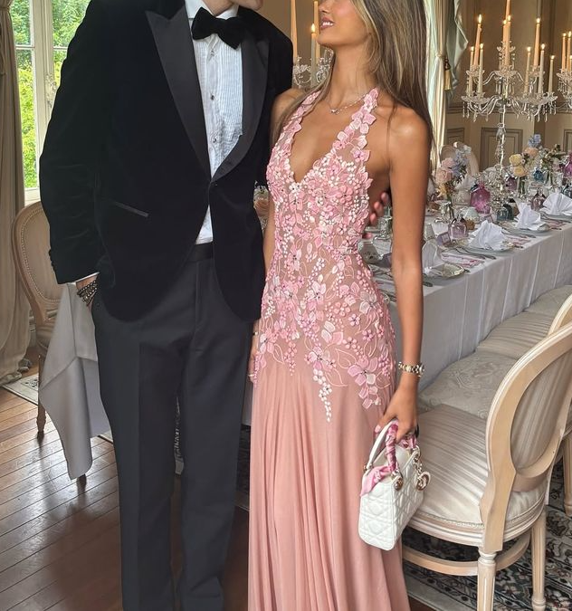 Pretty Pink Halter Chiffon Lace Appliques Mermaid Long Evening Dress Backless Birthday Party Dress - View 2 | VelvetHem