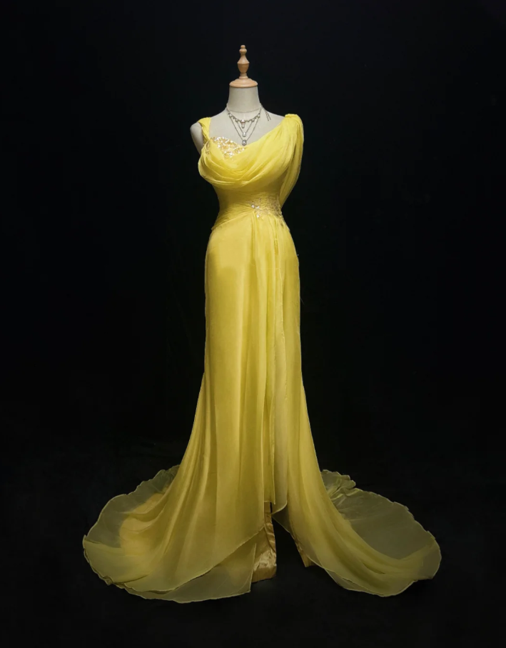 Glamorous Yellow Chiffon Sequin Mermaid Long Party Dress Prom Gown Formal Wedding Guest Dress - VelvetHem