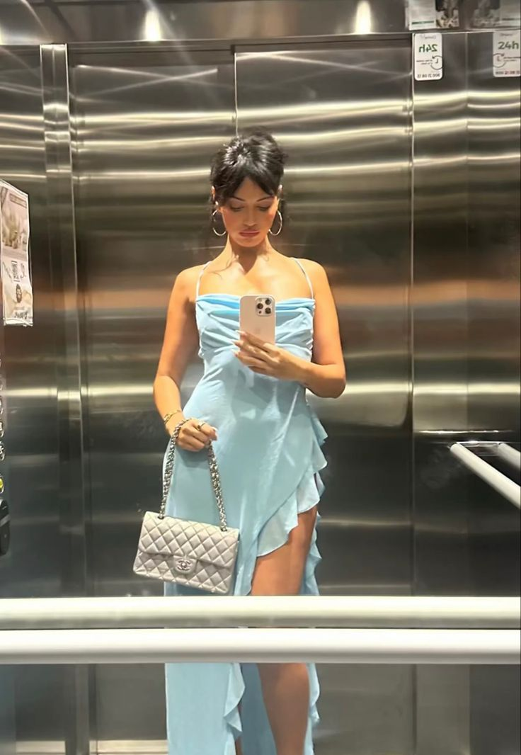Spaghetti Straps Blue Chiffon Slit Ruffles Party Dress Sexy Prom Evening Gown - VelvetHem