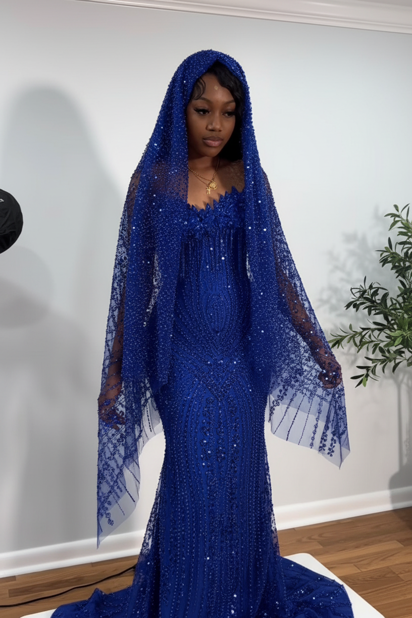 The Ruby Heiress - 2026 Hand-Beaded Crimson Mermaid Gown with Matching Crystal-Encrusted Hooded Veil (ZD17402)